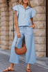 Textured Ruffled Sleeve Zipped Top and Wide Leg Pants Set